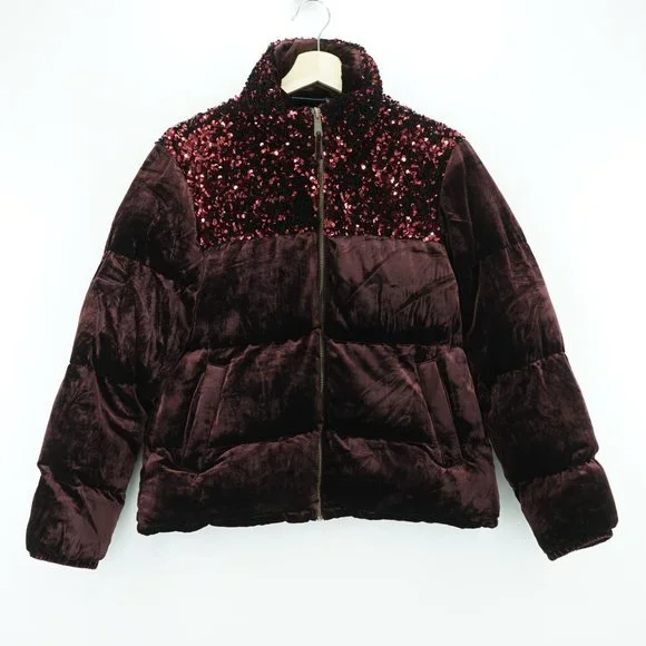 Anthropologie Velour Sequined Puffer Jacket Coat - Picture 12 of 16